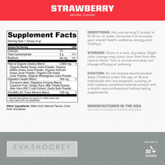 Back of MTN OPS Eva Shockey Super Greens Strawberry box with nutrition facts