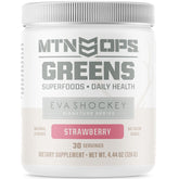 Front packaging of MTN OPS Eva Shockey Signature Series Super Greens Strawberry