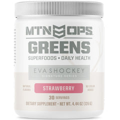 Front packaging of MTN OPS Eva Shockey Signature Series Super Greens Strawberry