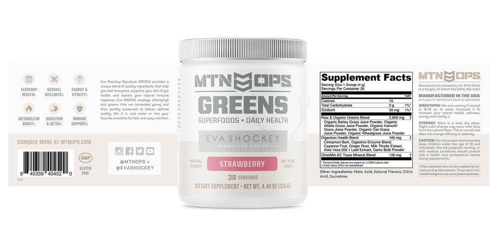 Nutrition facts panel for MTN OPS Eva Shockey Super Greens Strawberry