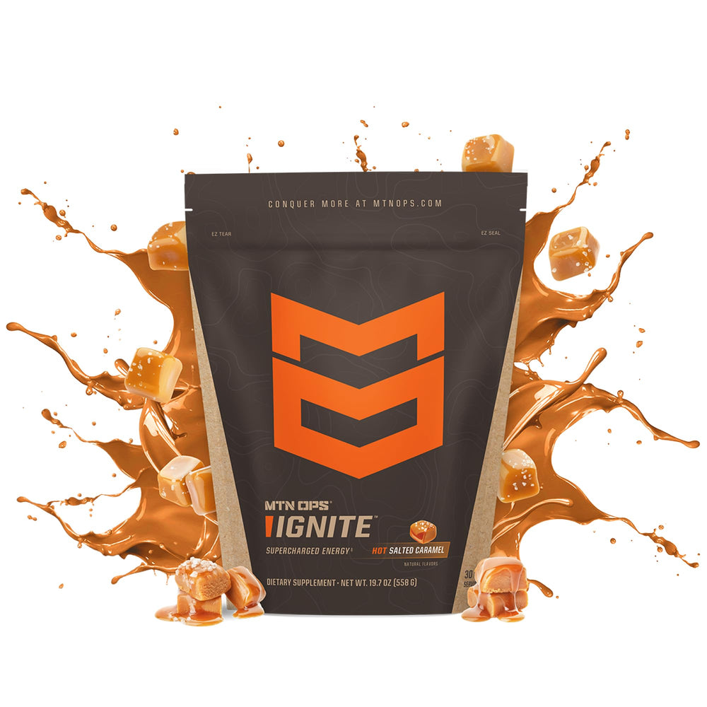 MTN OPS Hot Ignite Brain Blend label highlights nootropics for alertness and clarity.