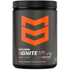 MTN OPS Ignite Lite forest berry packaging highlights gluten-free, zero-sugar energy option.