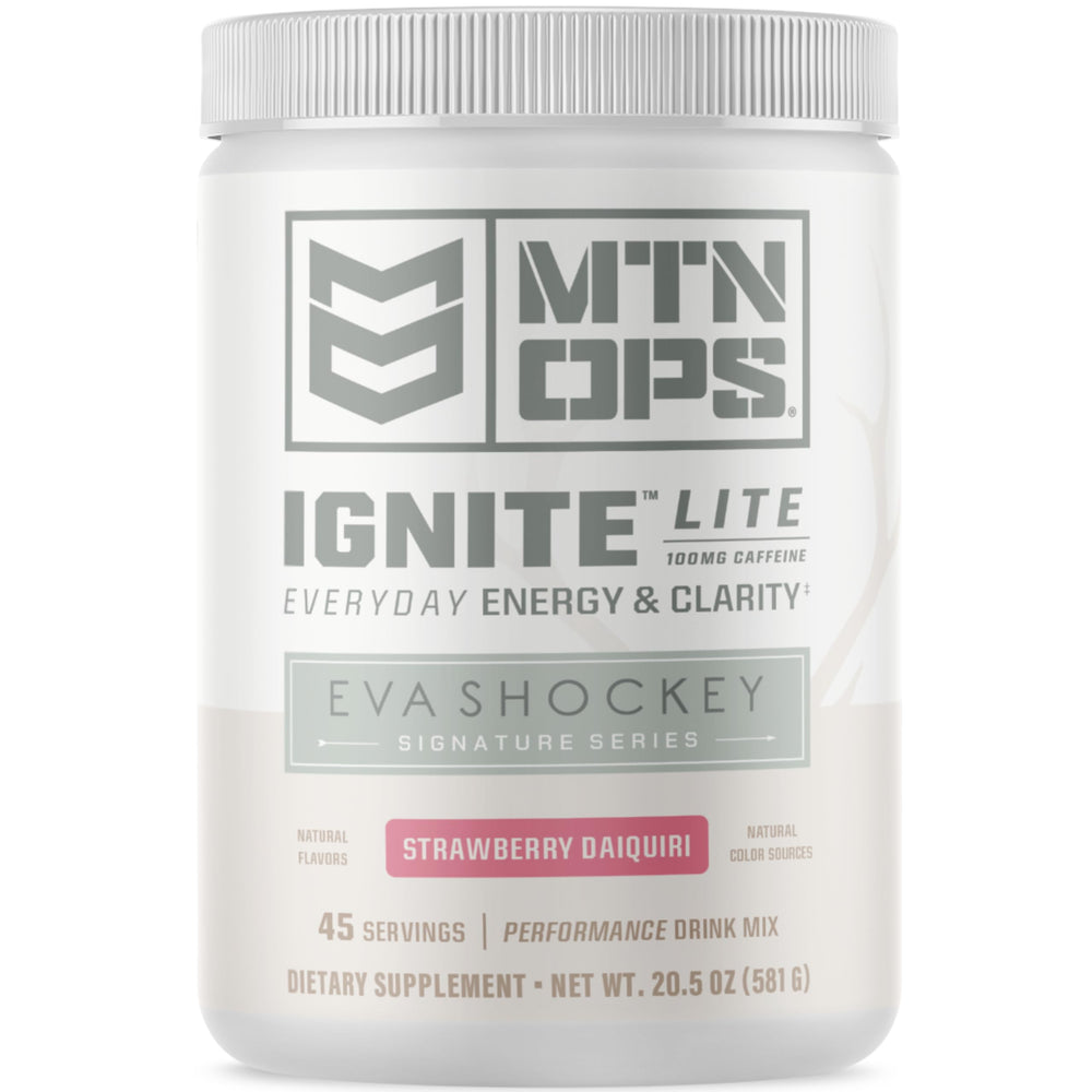 MTN OPS Ignite Lite tub front shows gluten-free, zero-sugar energy drink powder for active lifestyles
