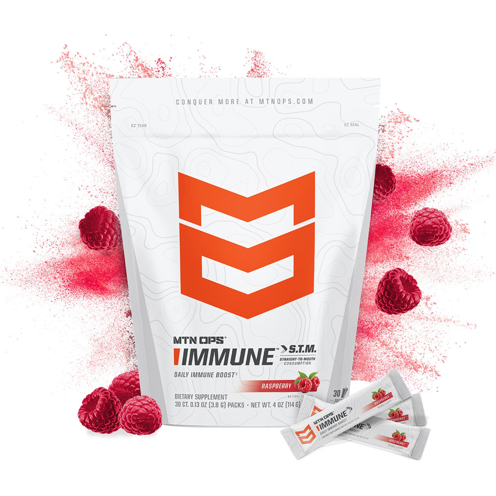 MTN OPS Immune STM Raspberry powder drink mix - front view