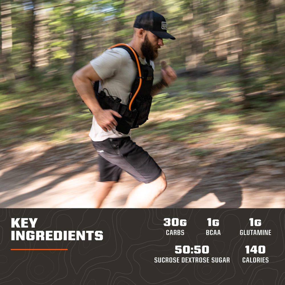 Close-up of MTN OPS Reload ingredients: 30 g carbs, MCT oil, BCAAs