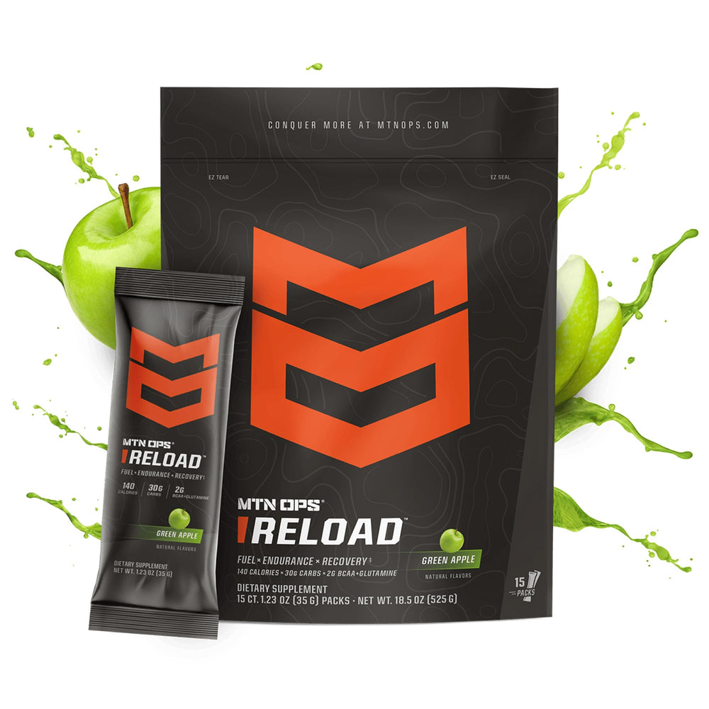 MTN OPS Reload Green Apple bottle with shaker ready to fuel endurance.