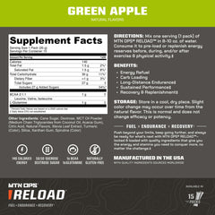MTN OPS Reload Green Apple label close-up highlighting MCT oil and BCAAs.
