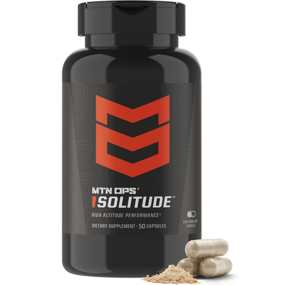 MTN OPS Solitude bottle with capsules—altitude performance support for endurance.