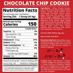 Close-up of MTS Machine Whey Protein Powder tub with Chocolate Chip Cookie flavor
