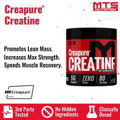 Front label of MTS Creapure Creatine Powder bottle showing 80 servings
