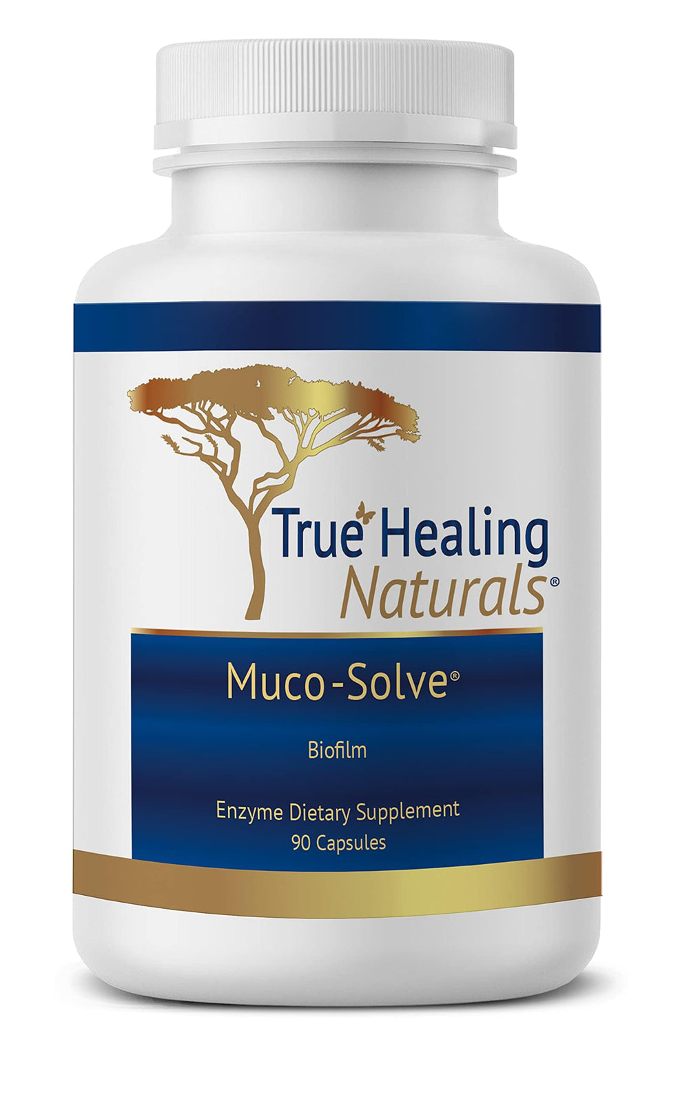 Muco-Solve Biofilm bottle and 90 capsules on white background