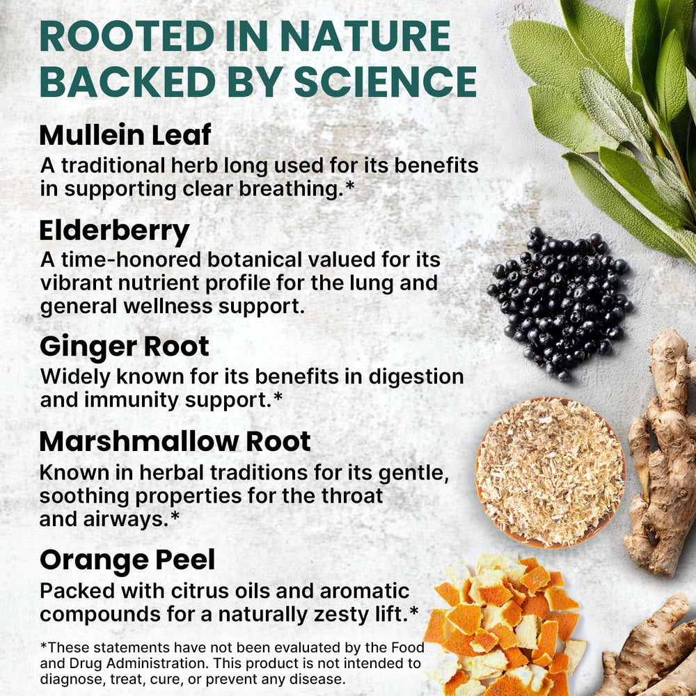 Ingredients graphic: organic mullein leaf, ginger, marshmallow root, and orange peel