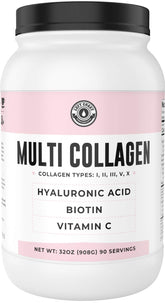 Jar of hydrolyzed multi collagen powder with Biotin, Vitamin C and Hyaluronic Acid