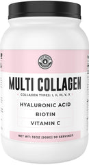 Jar of hydrolyzed multi collagen powder with Biotin, Vitamin C and Hyaluronic Acid