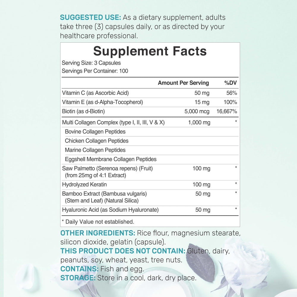 Bottle label close-up showing collagen peptides, hyaluronic acid, vitamin C