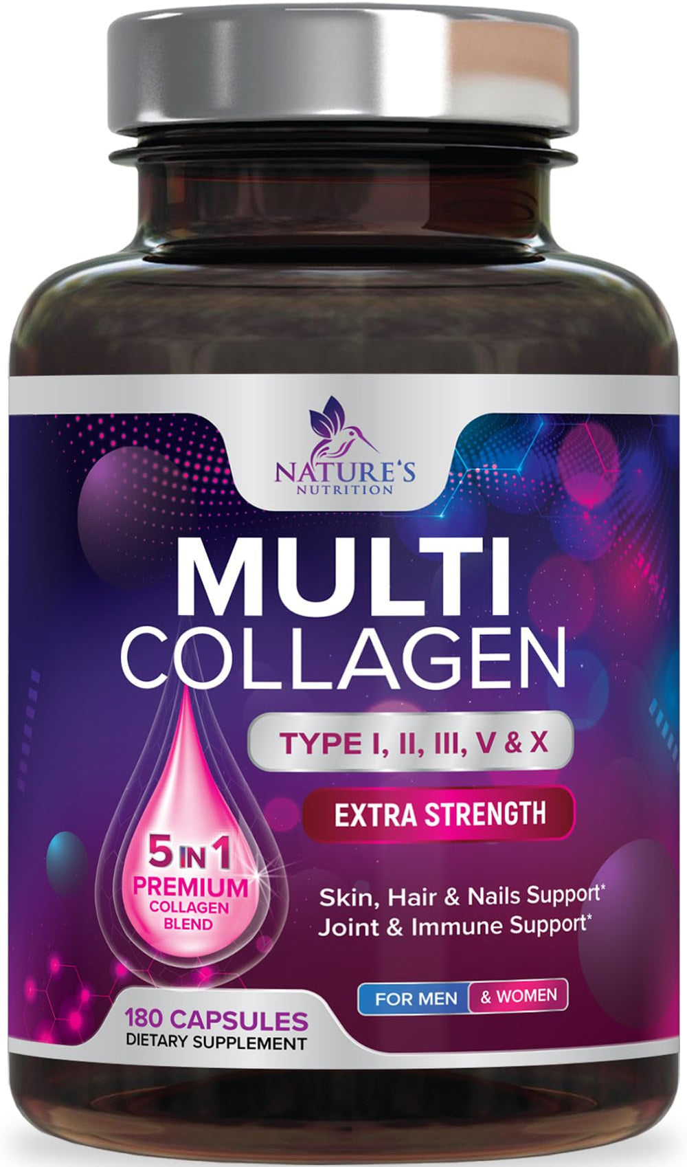 Hero image of Multi Collagen Supplement bottle with 180 capsules