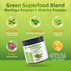 Multi-green superfoods ingredients including moringa, matcha, green tea, and resveratrol