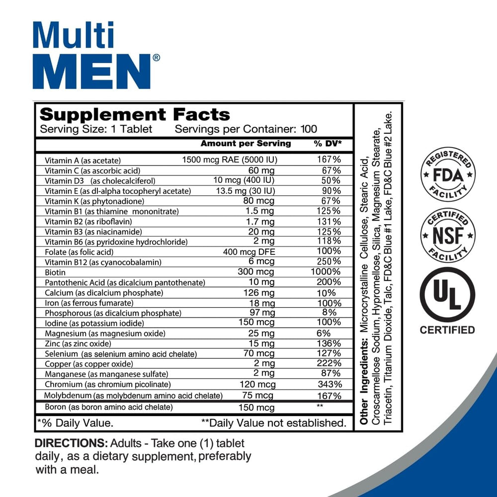 Nutrition facts label for Multi Men 100 Tablets