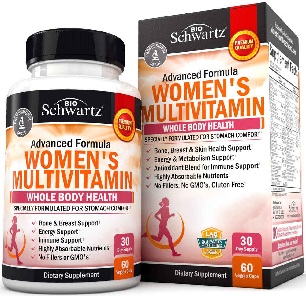 Front view of BioSchwartz Multivitamin for Women with Vitamin D3, 60-count bottle