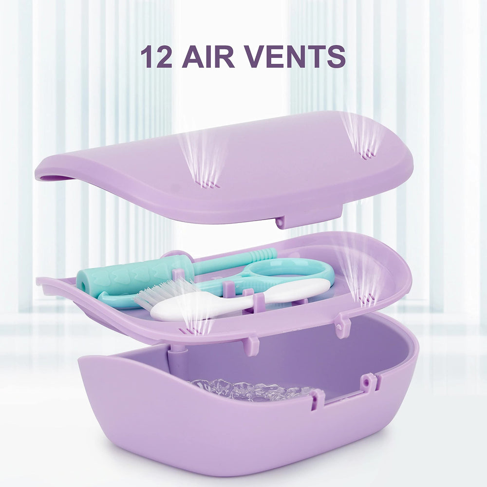 Denture bath box featuring built-in mirror