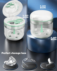 Packaging includes denture case with mirror, strainer basket, extractor and brush