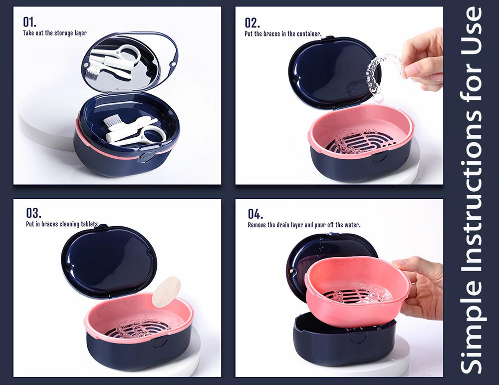 Denture case packaging showing mirror, strainer basket, extractor, and brush