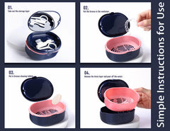 Denture case packaging showing mirror, strainer basket, extractor, and brush