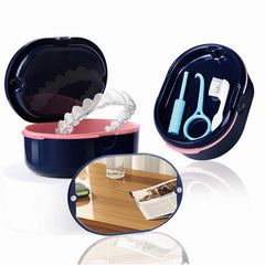 Portable, compact denture holder in dark blue for travel