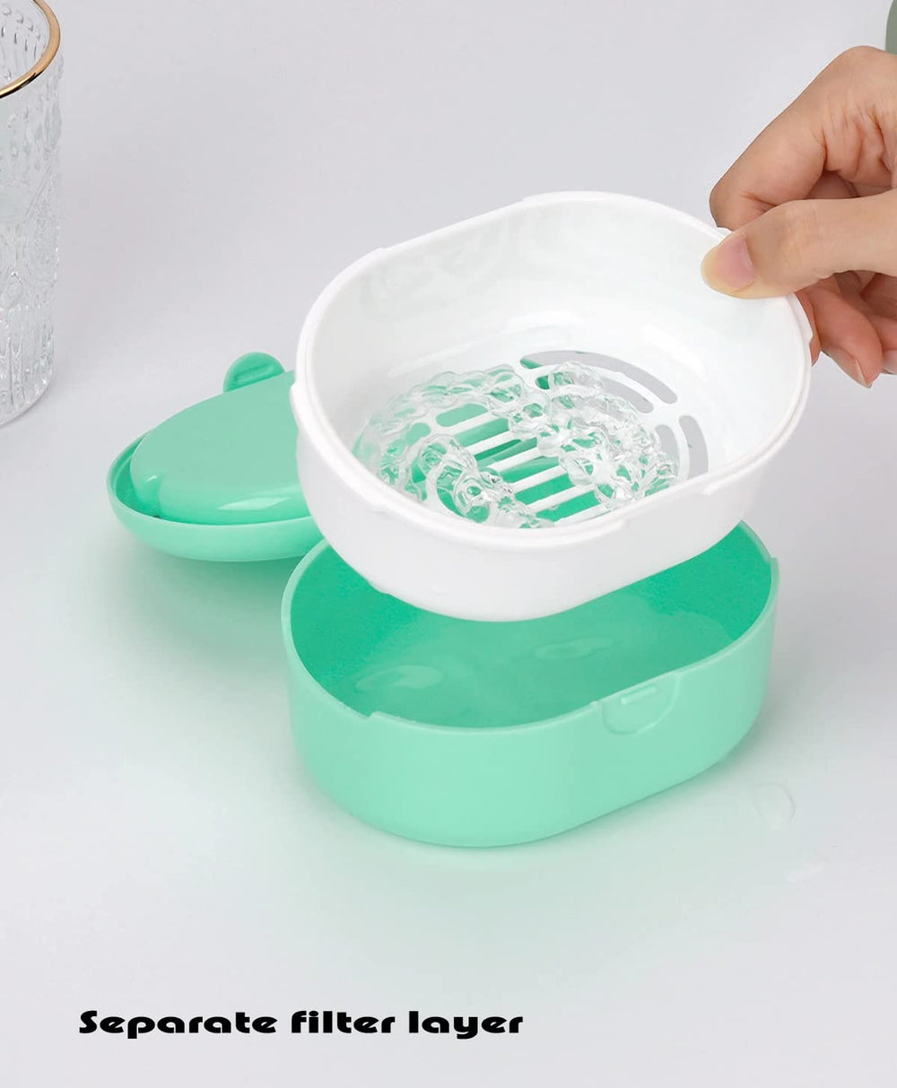 Denture bath box with drain tray and mirror for easy cleaning in D Green