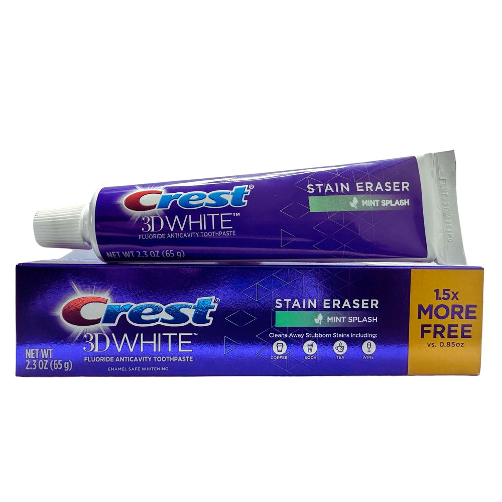 Close-up of Crest 3D White Stain Eraser toothpaste packaging