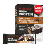 Front view of MUSASHI 12-pack box (90g bars) Dark Chocolate & Salted Caramel flavor