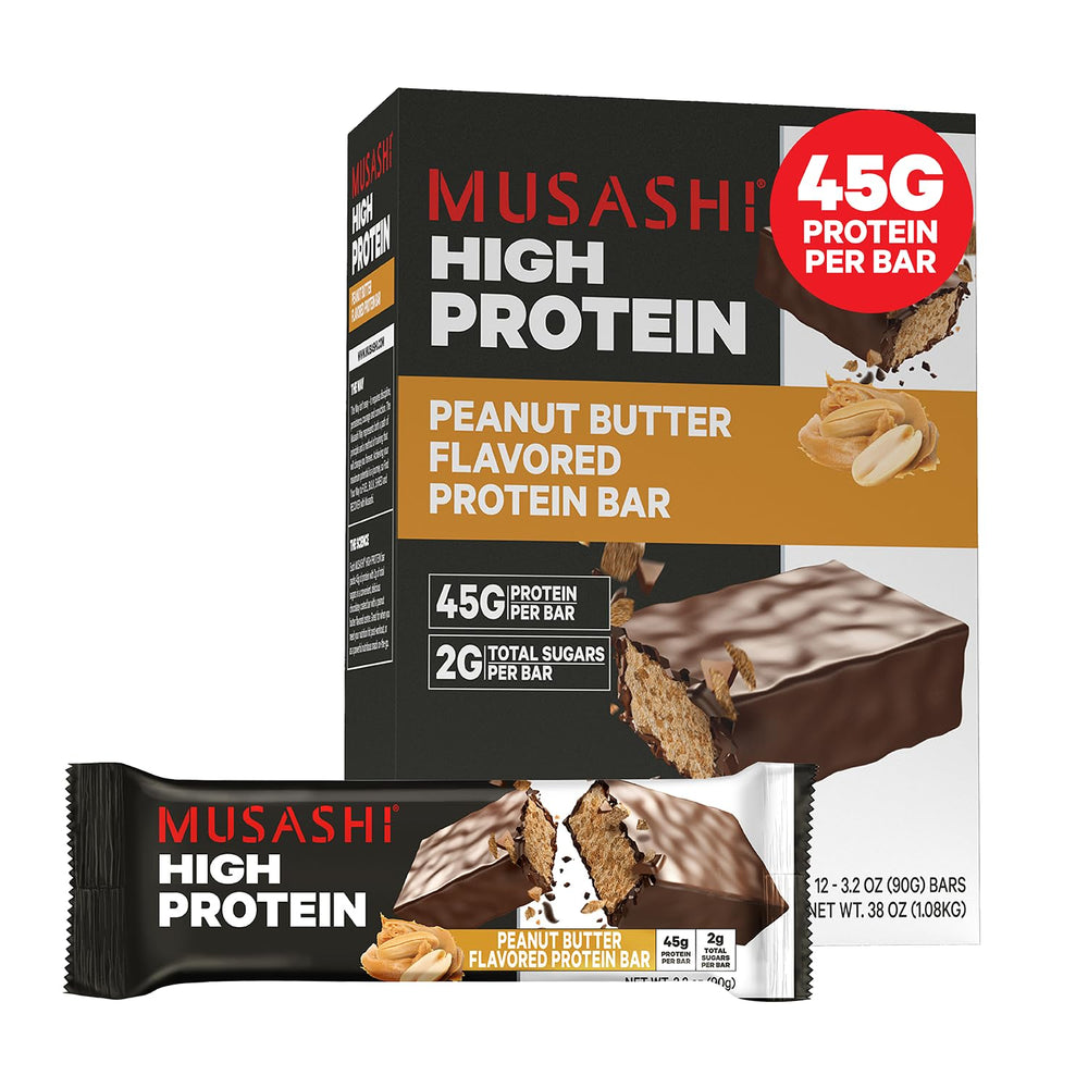 MUSASHI High Protein Bar 90g bar with peanut butter and milk chocolate coating