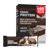 Front view of MUSASHI High Protein Bar Milk Chocolate Brownie 12-pack, 90g bars