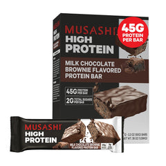 Front view of MUSASHI High Protein Bar Milk Chocolate Brownie 12-pack, 90g bars