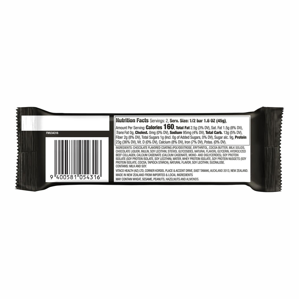 Nutrition facts panel showing 46g protein per bar