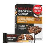 Front view of MUSASHI Protein Crisp Bar Vanilla Caramel 60g 12-pack