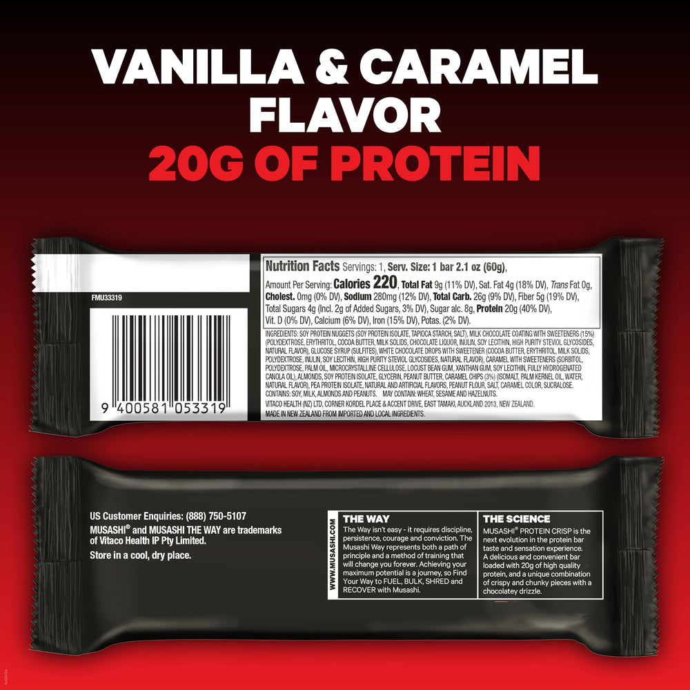 Back nutrition panel of MUSASHI Protein Crisp Bar Vanilla Caramel 60g 12-pack