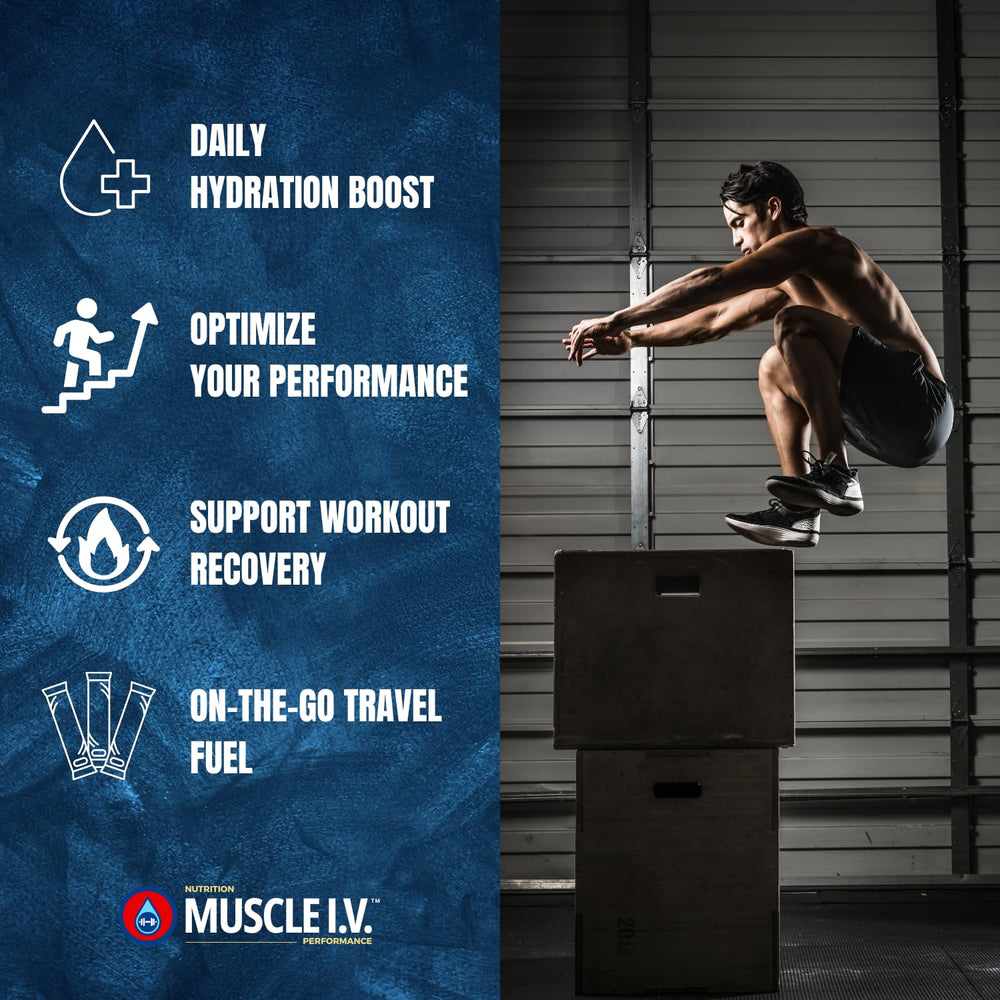 Box of Muscle I.V. Hydration Electrolyte Drink Mix Watermelon Peach with sticks