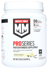 Muscle Milk Pro Series tub with intense vanilla powder for post-workout recovery