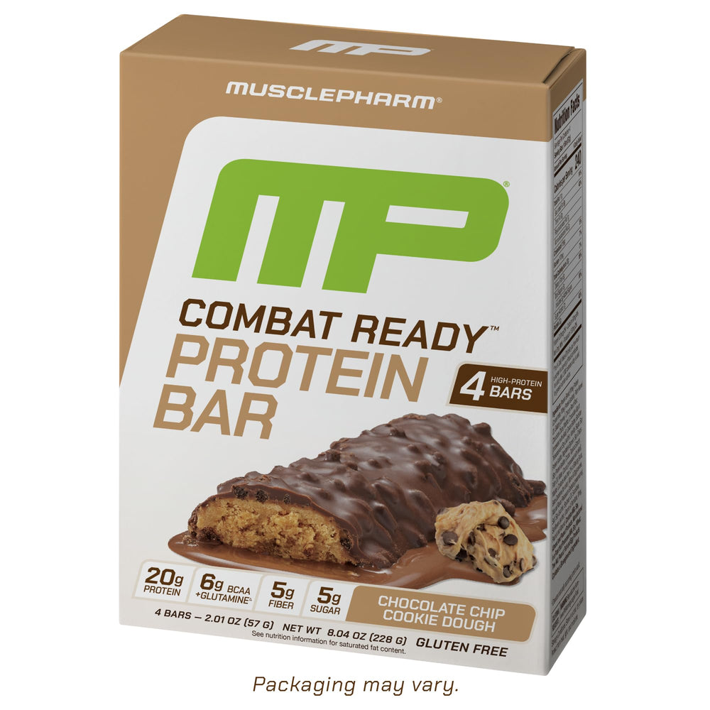 MusclePharm Combat Ready bar packaged, chocolate chip cookie dough flavor for post-workout fuel.