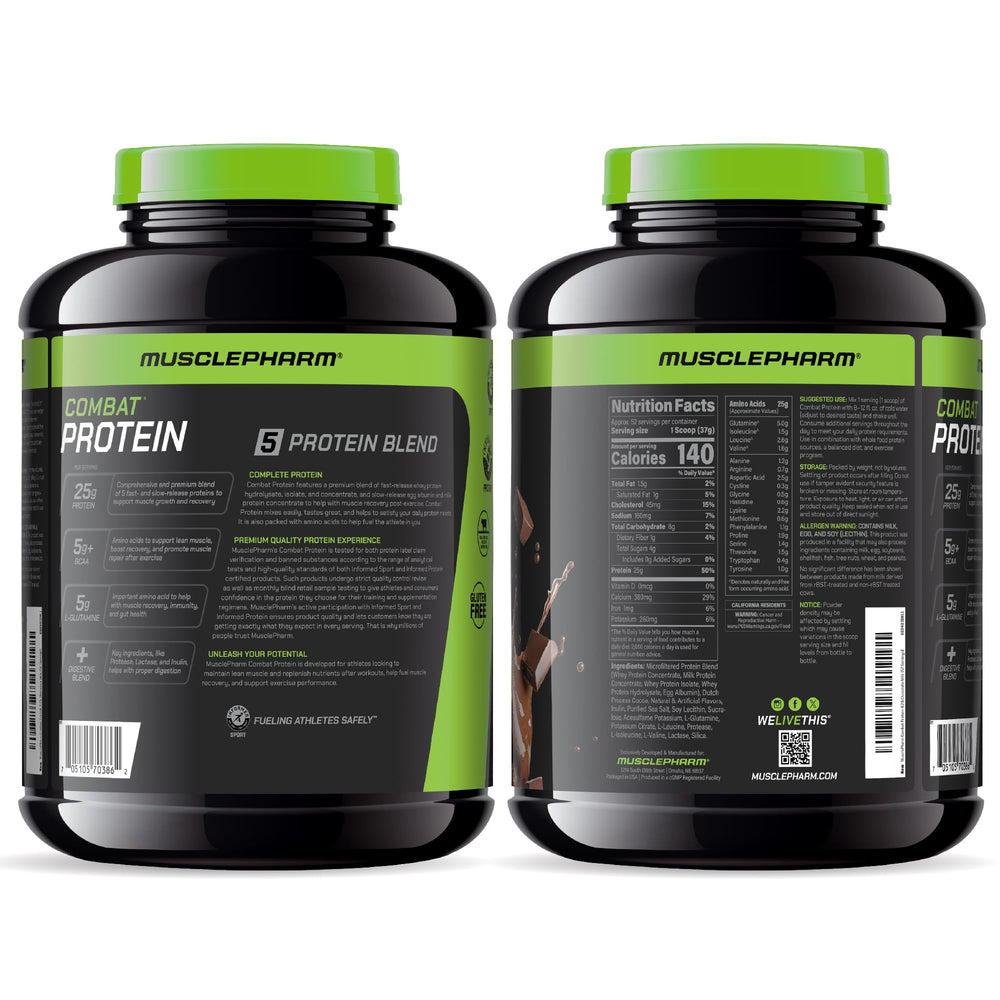 MusclePharm Combat Protein Powder nutrition panel highlights 52 servings in 4.2 lb tub