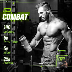 MusclePharm Combat Protein Powder whey egg milk sources image emphasizes diverse protein blend