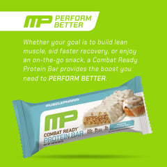 MusclePharm Combat Ready Cinnamon Roll packaging close-up on shelf
