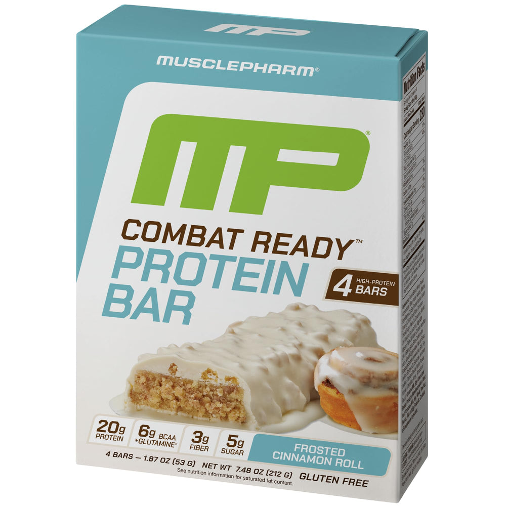 MusclePharm Combat Ready Cinnamon Roll packaging shows gluten-free, high-protein nutrition for workouts