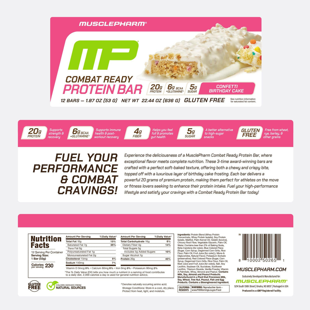 MusclePharm Combat Ready Bar Confetti Cake pack display conveys value and convenience.