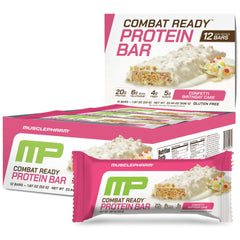 MusclePharm Combat Ready Bar Confetti Cake pack front optimized for on-the-go energy.