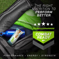 Nutrition panel shows 3g fiber and 230 calories per MusclePharm Combat Ready Bar Cinnamon Roll