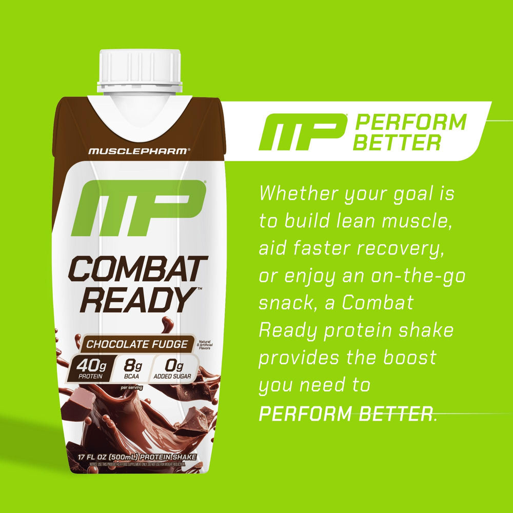 MusclePharm Combat Ready Chocolate Fudge label closeup shows gluten free and no added sugar