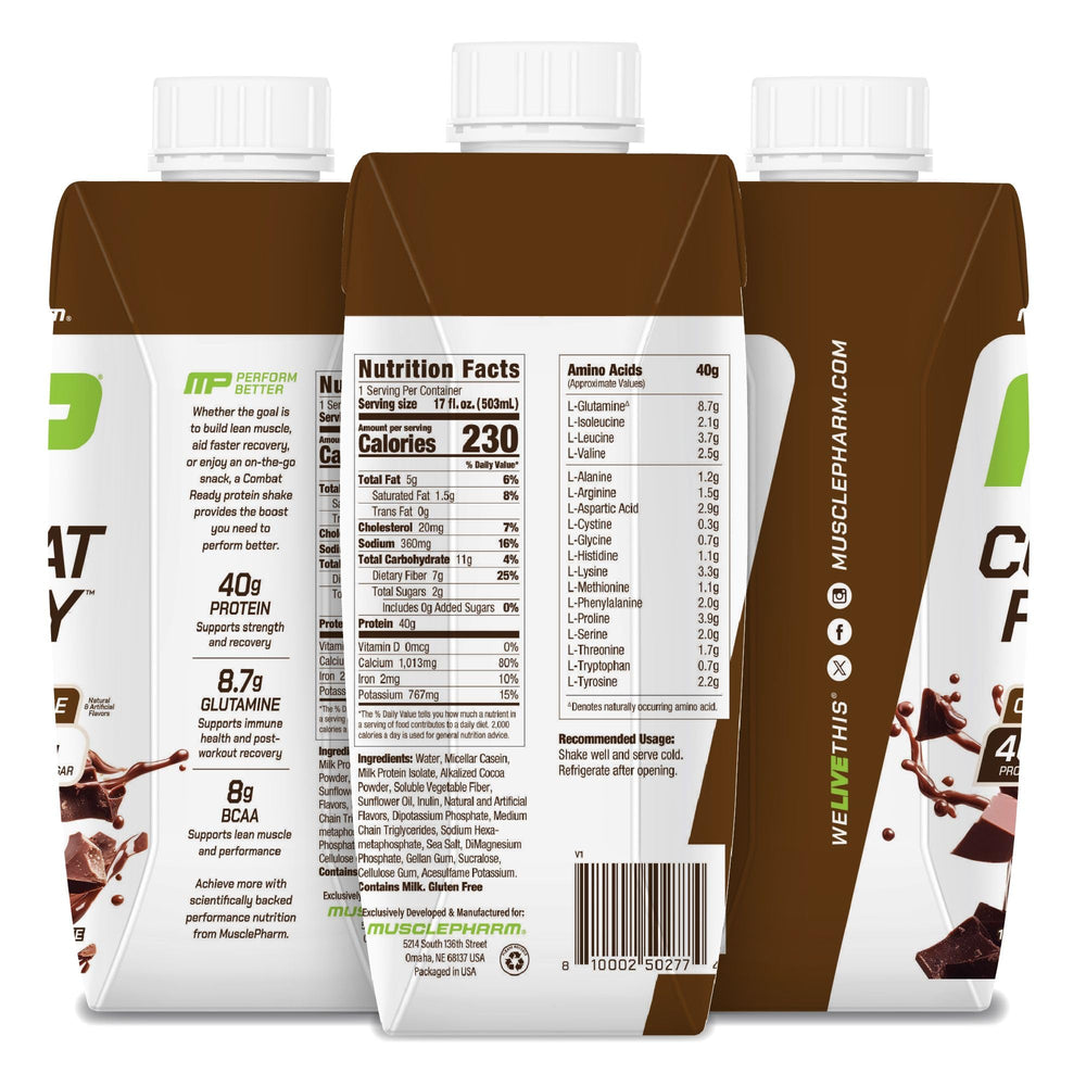 MusclePharm Combat Ready Chocolate Fudge bottle beside shaker cup emphasizes versatility