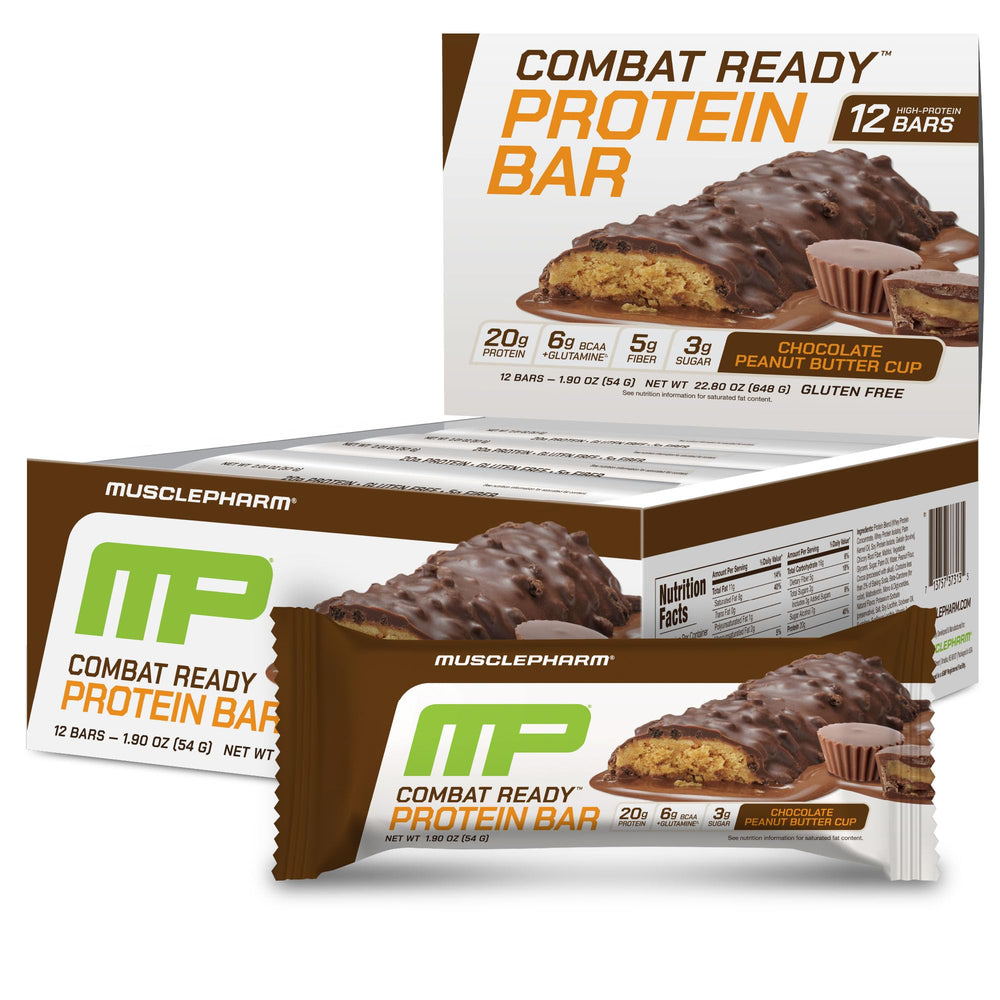 MusclePharm Combat Sport Bar chocolate peanut butter cup pack provides high-protein fueling.